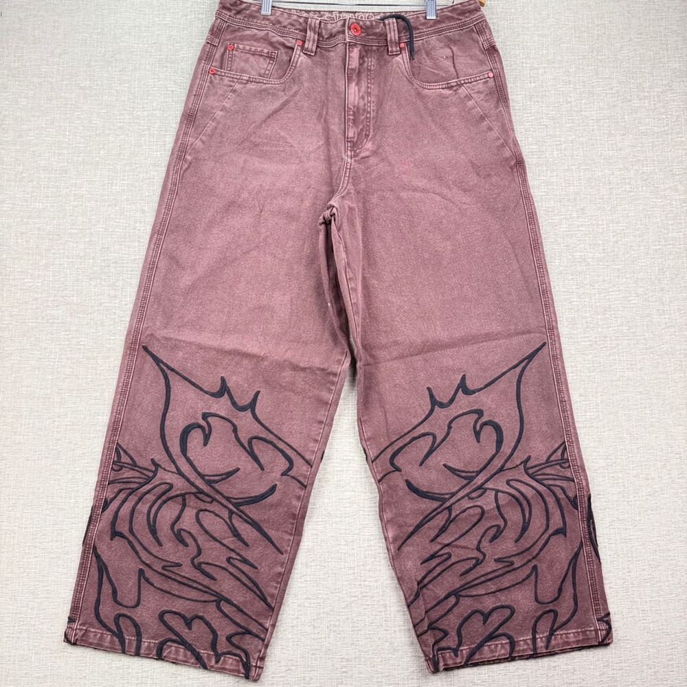 Vitriol Mens 32 Baggy Wide Leg Skate Pants Burgundy Tribal Embroidered Skull